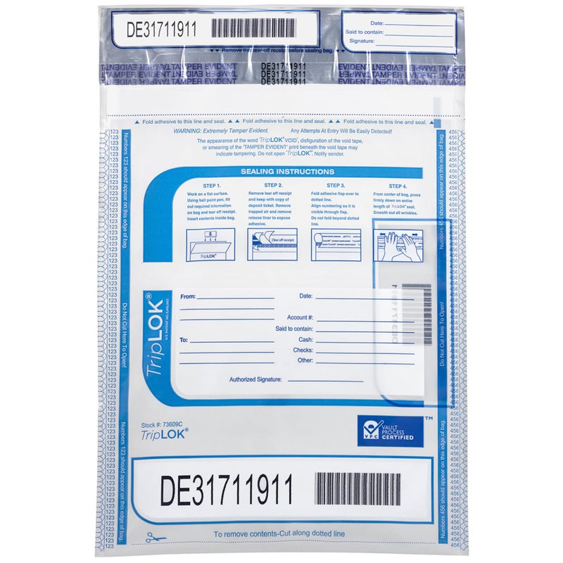 ControlTek TripLok 9" x 12", Clear, 100 Bags, Tamper-Evident Deposit Bags for Cash Handling & Valuables, Moisture, Heat and Cold Sensitive Ink, Tear-Off Receipt + Large Barcodes 585028 - Image 1